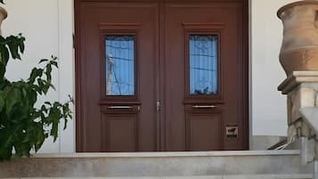 Betonstufen führen zu einer zweiflügeligen Holztür mit dekorativen Glasfeldern.