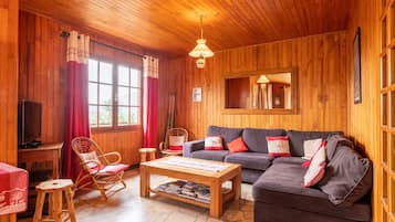 A cozy living room with wooden walls, a sofa, a coffee table, and a television.