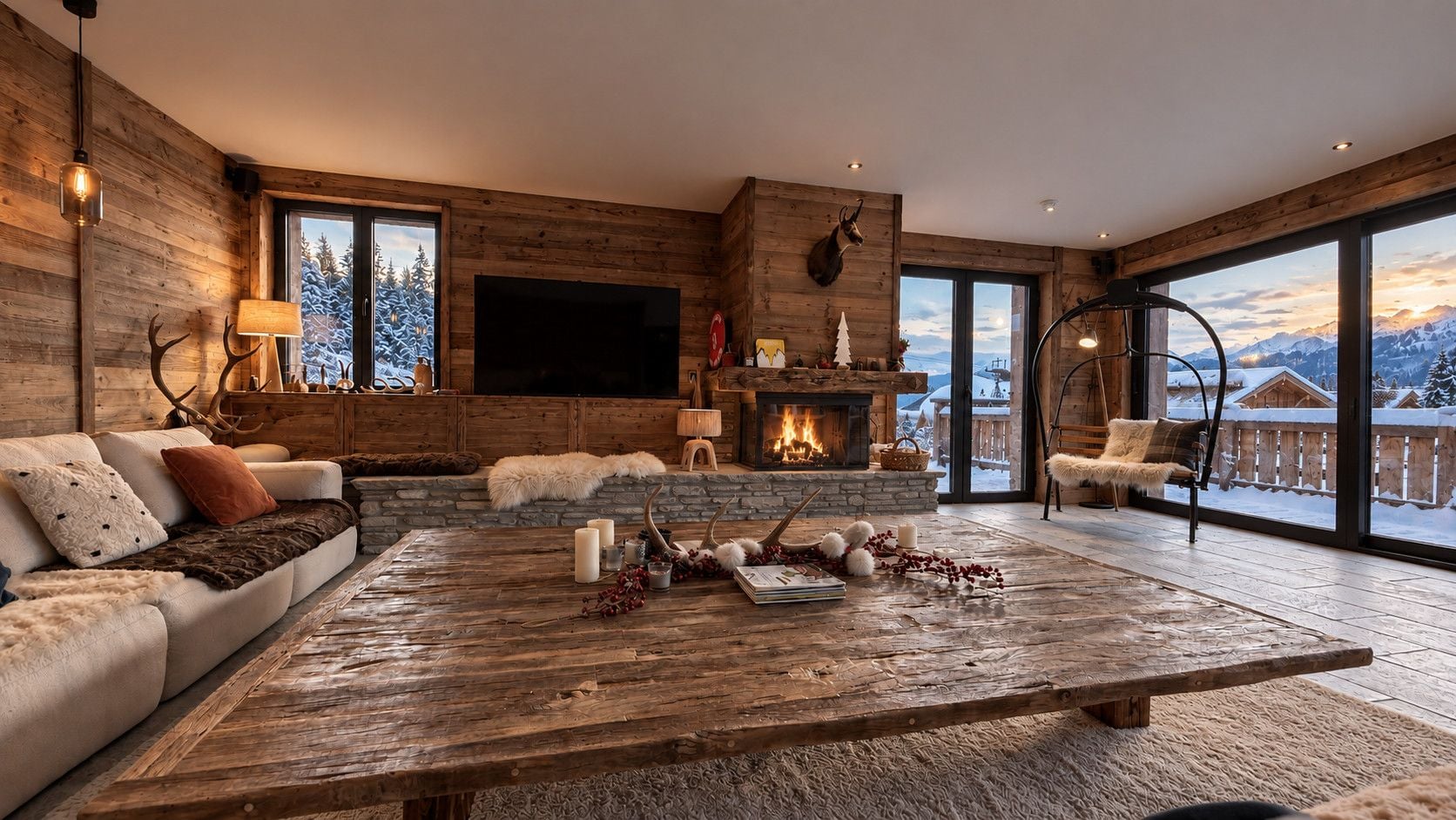 A cozy living room with a fireplace, a large wooden coffee table, and a sofa.