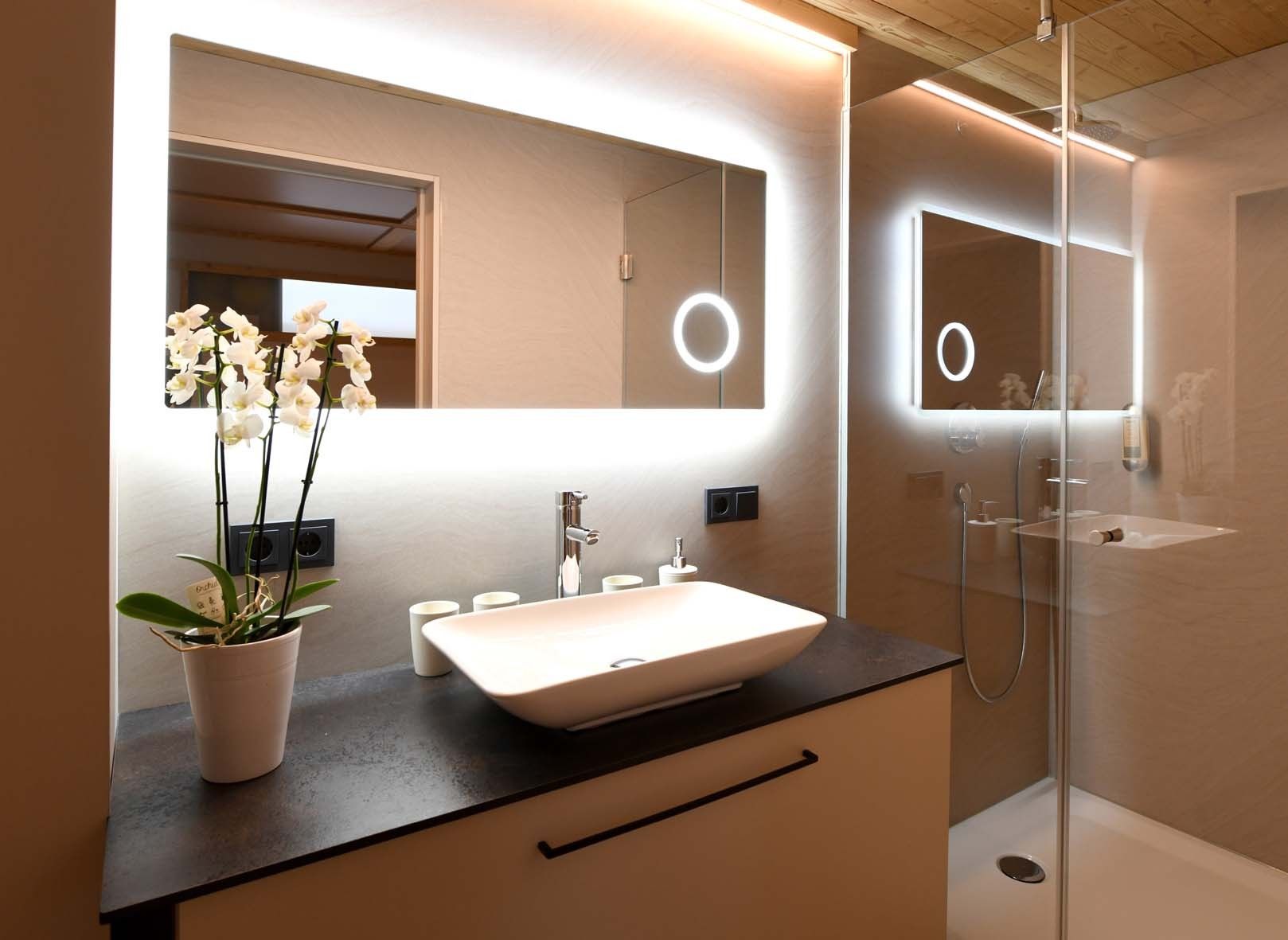 A modern bathroom with a large mirror, a white sink, and a potted orchid.