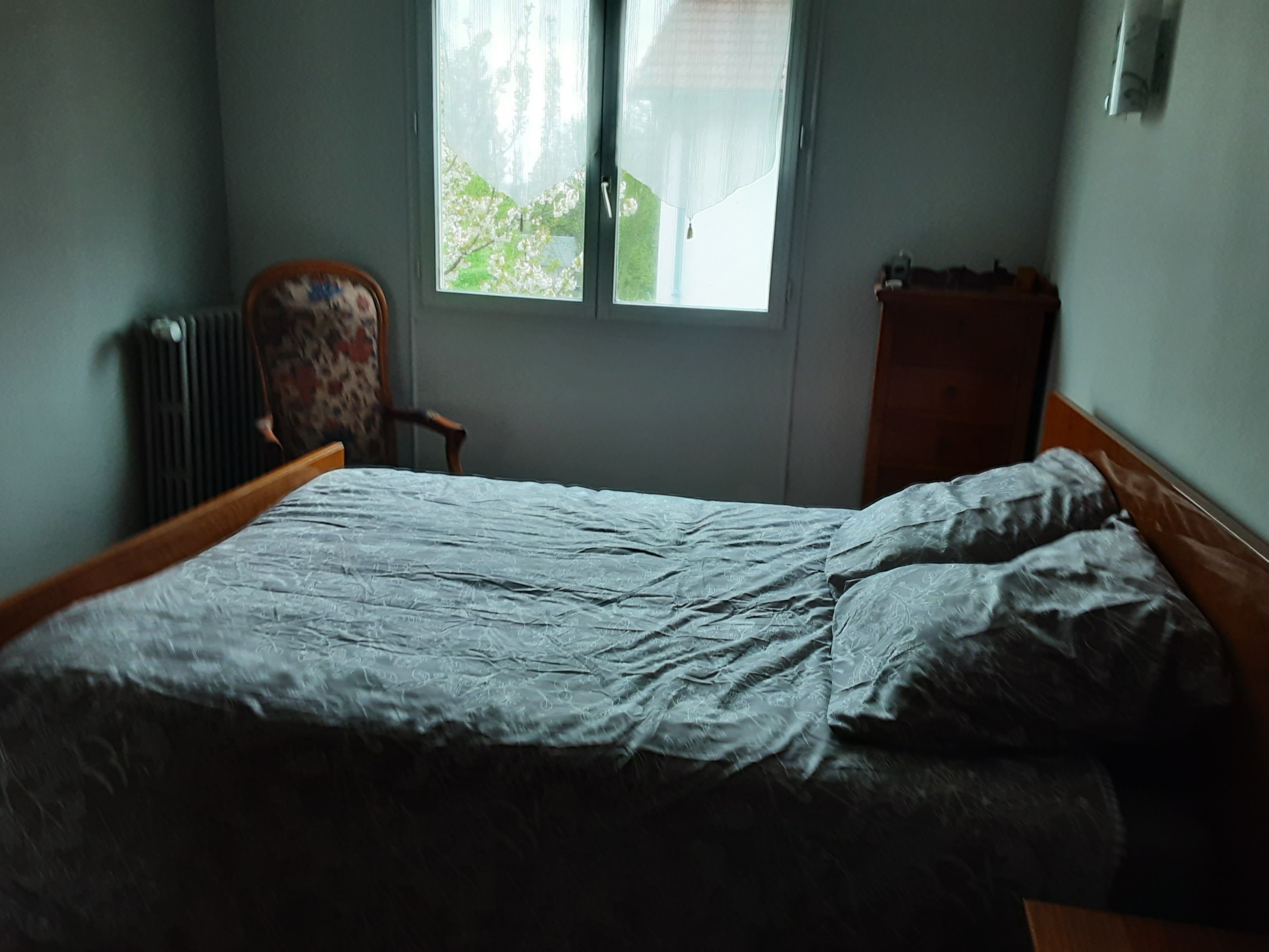 A bedroom with a single bed, a chair, a radiator, and a window with a view of trees.
