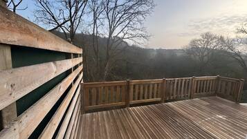 Eine Holzdielen-Terrasse mit Geländer, die auf einen bewaldeten Bereich blickt.