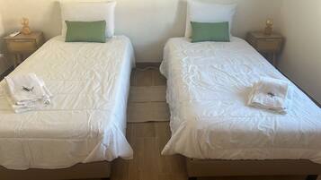 Two single beds with white bedding, green pillows, and folded white towels on each bed.