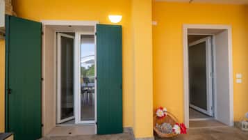 Un pasillo con dos puertas verdes, una que da a una entrada con puerta de vidrio y la otra a una habitación. Una cesta de mimbre con flores está colocada en el suelo.
