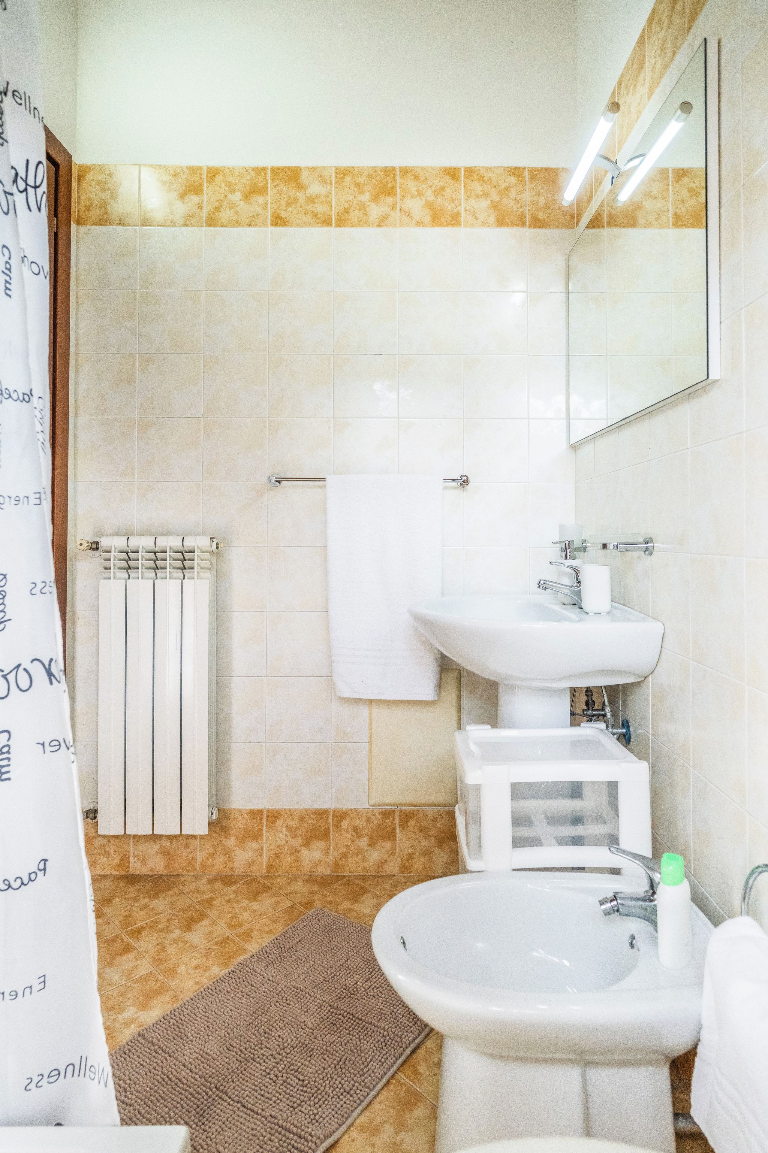 A bathroom with a white sink, a mirror, a towel rack, and a radiator.