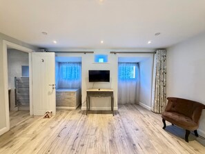 Ein Zimmer mit Fernseher, Schreibtisch, Sofa und einem Hund.