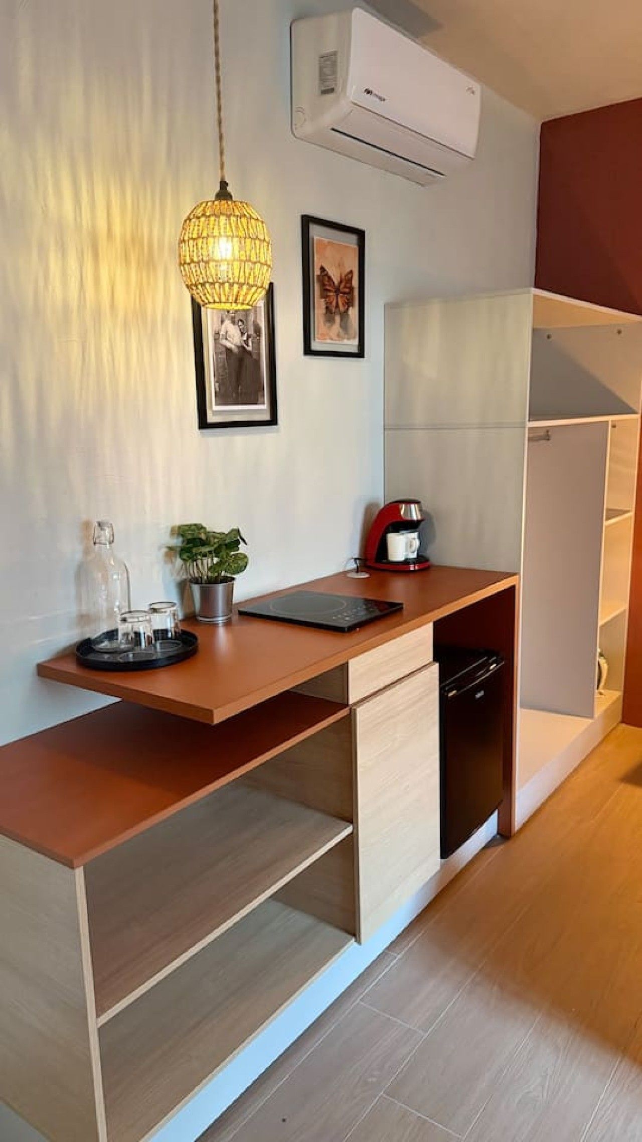 A compact kitchen with a built-in dishwasher, a hanging pendant light, and a small potted plant.