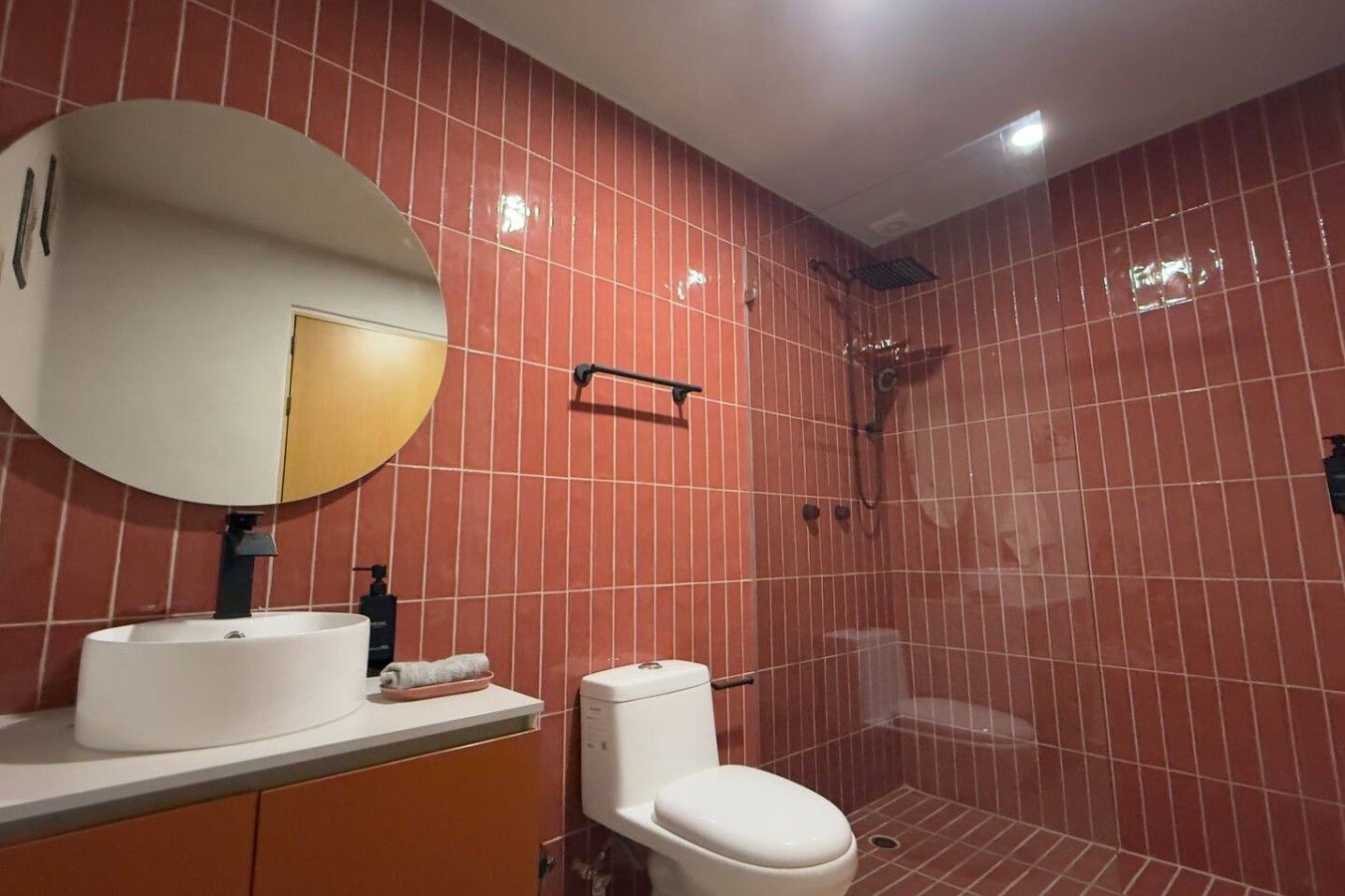 A bathroom with a white sink, a toilet, a shower, and a mirror.