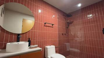 A bathroom with a white sink, a toilet, a shower, and a mirror.