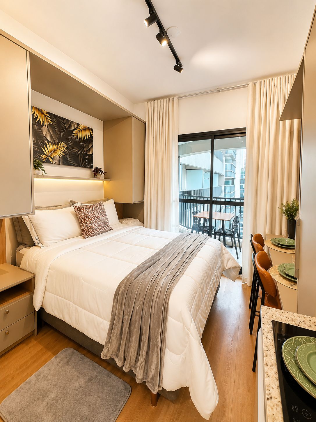 A modern hotel room with a large bed, a dining area, and a balcony with a view of the city.