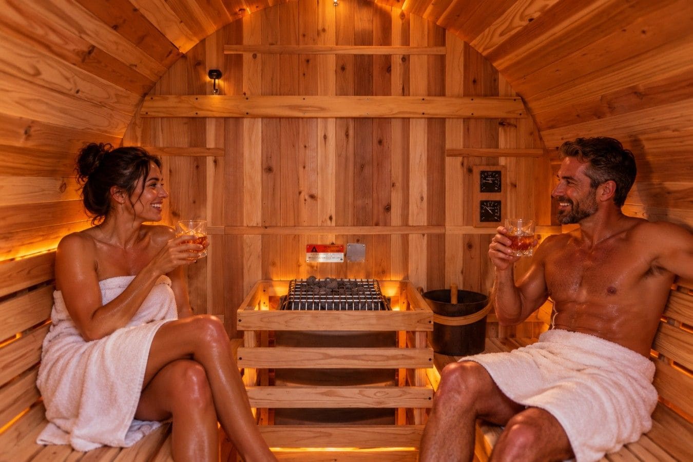 A sauna with wooden walls and benches, a sauna heater, and a clock on the wall.