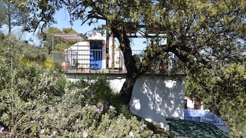 Un bâtiment blanc avec une porte bleue, entouré de verdure et de plantes en fleurs.