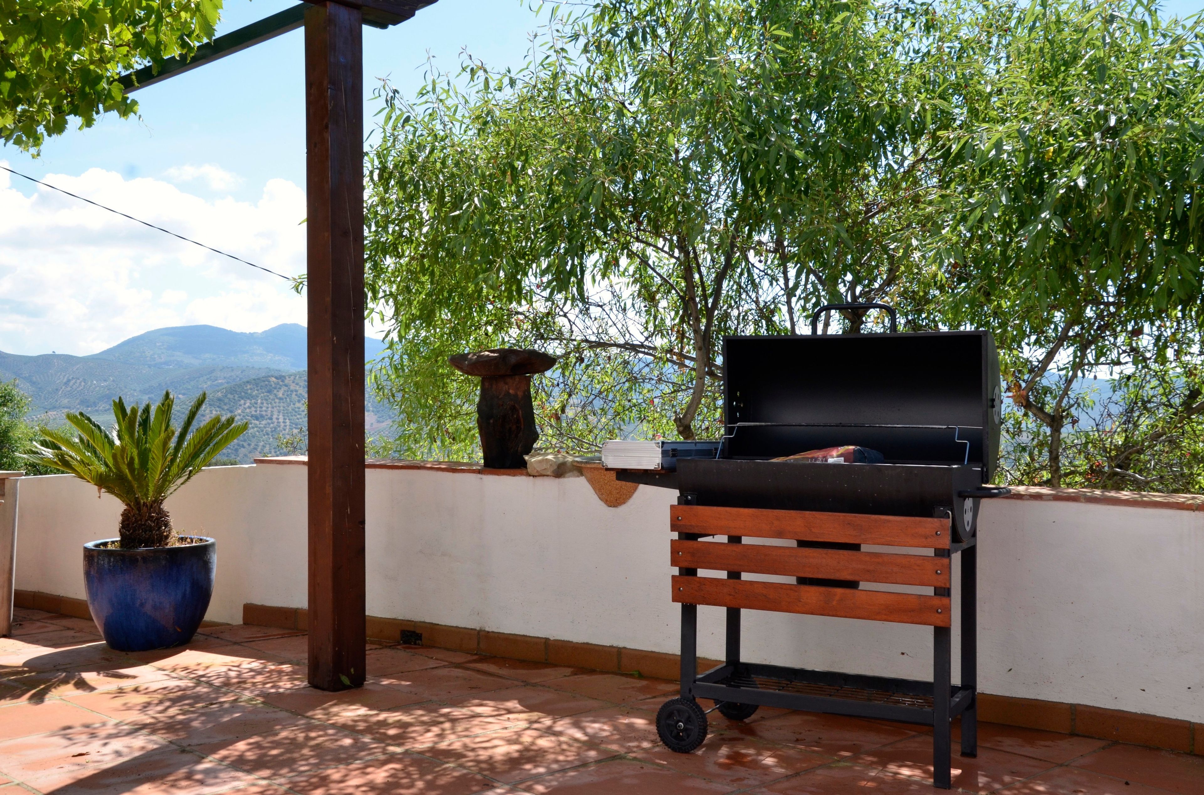 Un patio exterior con una parrilla, un banco de madera, una planta en maceta y vistas a montañas.
