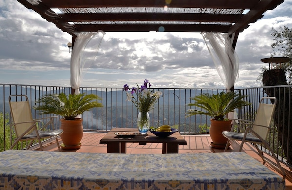 An outdoor terrace with a pergola, two potted plants, a table with a bowl of fruit, and a chair.