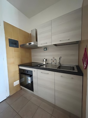 A modern kitchen with a built-in oven, a stainless steel sink, and light wood cabinetry. - Holiday Home 'Monolocale Con Terrazza E Piscina' with Wi-Fi and Air Conditioning (Marina di Bibbona)