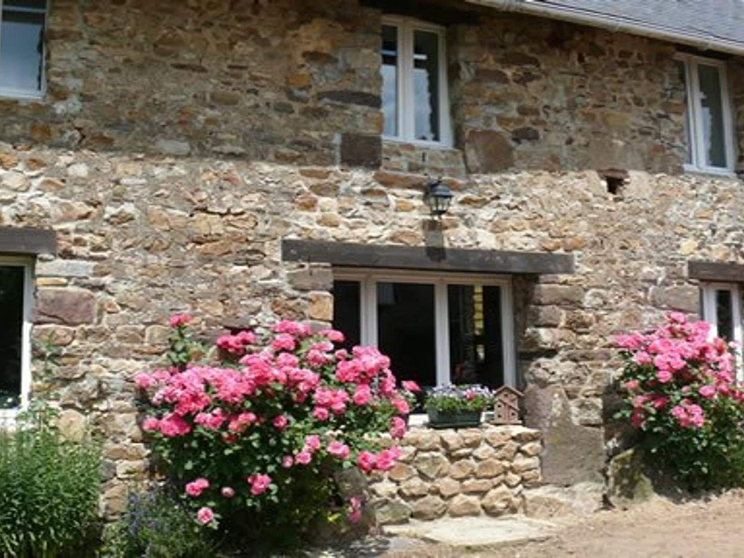 A stone building with multiple windows and pink flowering plants in front.