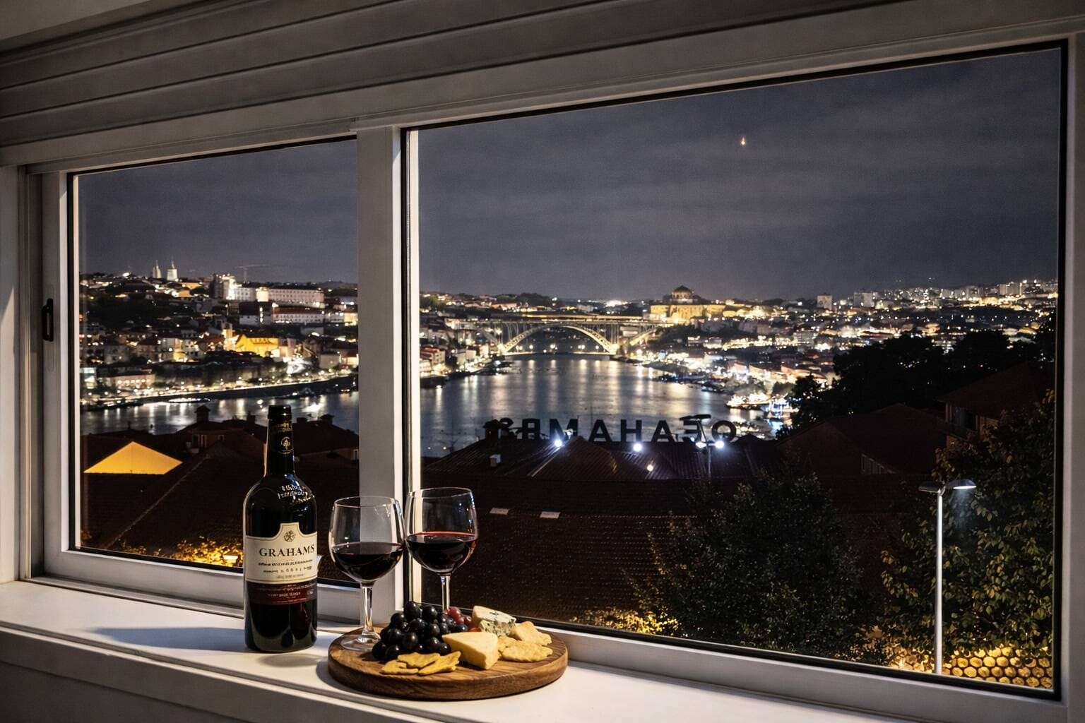 A bottle of wine, two glasses, and a cheese board on a windowsill with a view of a cityscape at night.