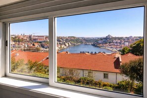 A view from a window overlooking a cityscape with a river, buildings, and a bridge. - Panoramic Douro View | Bridge & City Centre (Vila Nova de Gaia)