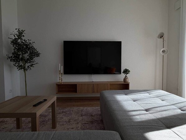 Un saló modern amb un televisió de pantalla plana penjada a la paret, una taula baixa de fusta, un sofà gris i una petita planta en test.