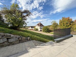 A residential area with a paved pathway leading to a house with a sloped roof.