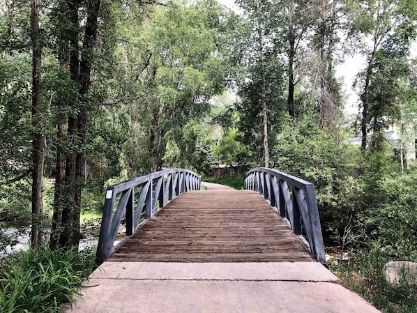 Un puente de madera con barandillas metálicas en un área boscosa.