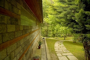 A stone pathway leading through a lush garden with a brick wall on one side.