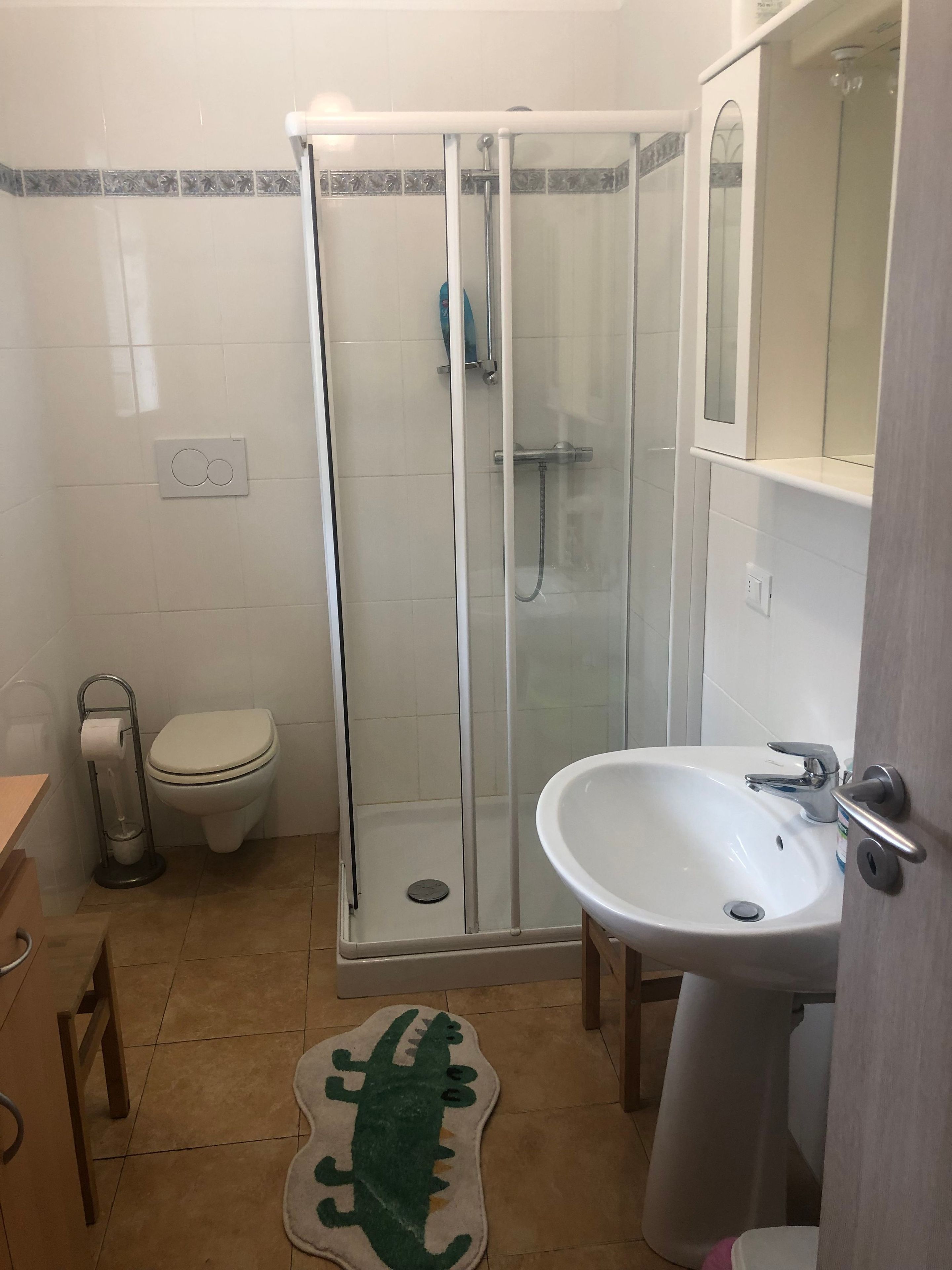 Ein Badezimmer mit Duschkabine, Toilette, Waschbecken und Spiegel.