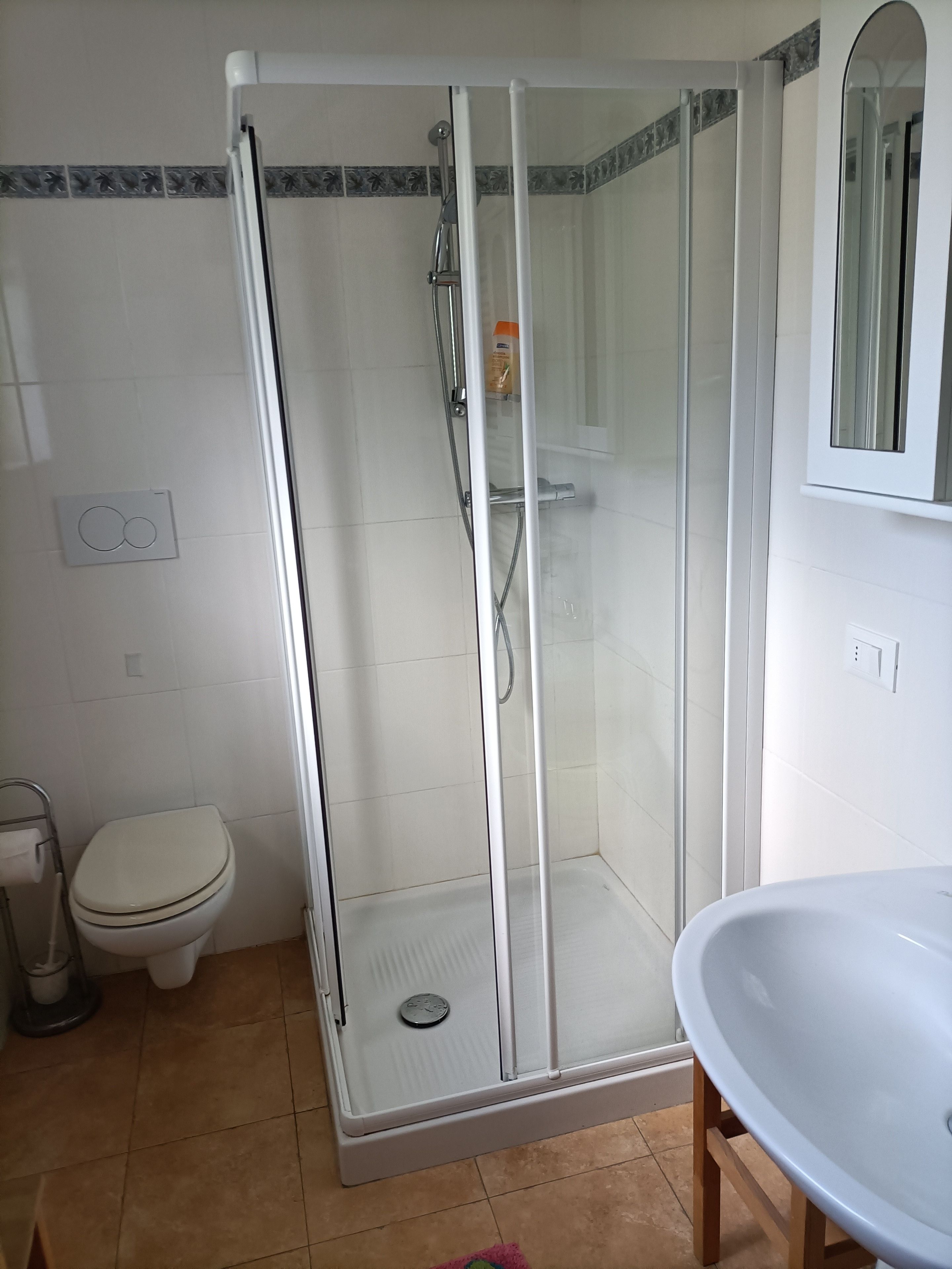 Ein Badezimmer mit einer Duschkabine, einer Toilette und einem Waschbecken.