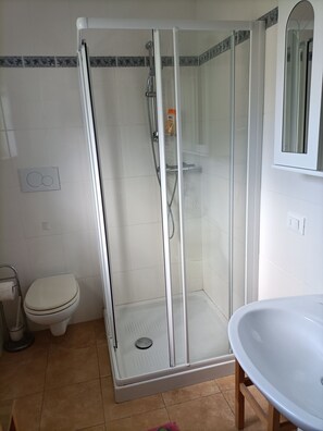 Ein Badezimmer mit einer Duschkabine, einer Toilette und einem Waschbecken.