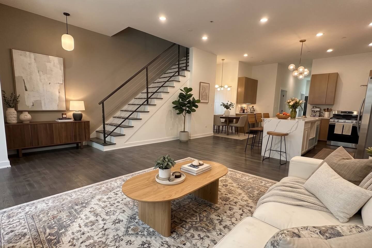 A modern living room with a staircase, a dining area, and a kitchen.