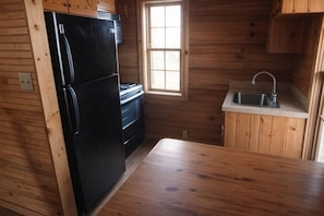 A compact kitchen with wooden walls, a black refrigerator, a stove, and a sink. - Lakeview Cabin | Dock, Fire Pit & Screened Porch (Greencastle)