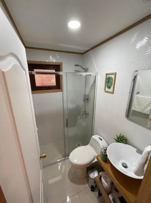 Ein Badezimmer mit Toilette, Waschbecken und Dusche.