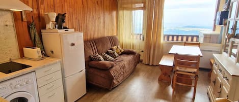 A compact living space with a kitchenette, a brown sofa, a dining table, and a view through a window.