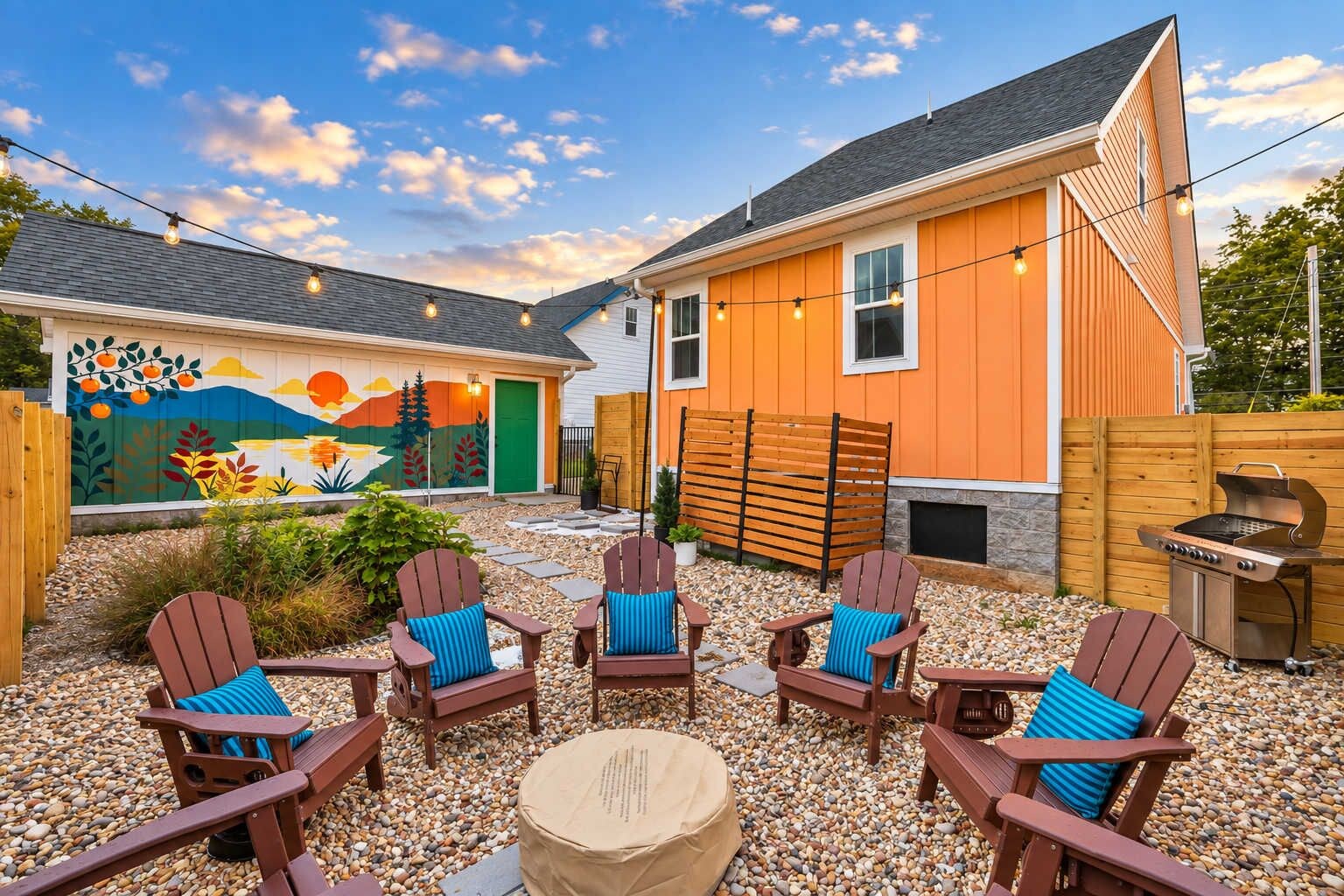 Exterior: Enjoy a spacious backyard designed for relaxing and entertaining, complete with comfortable seating and a grill for easy outdoor meals during your stay.