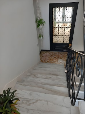 A staircase with a marble finish, a black door with decorative glass, and a white wall with a hanging plant.