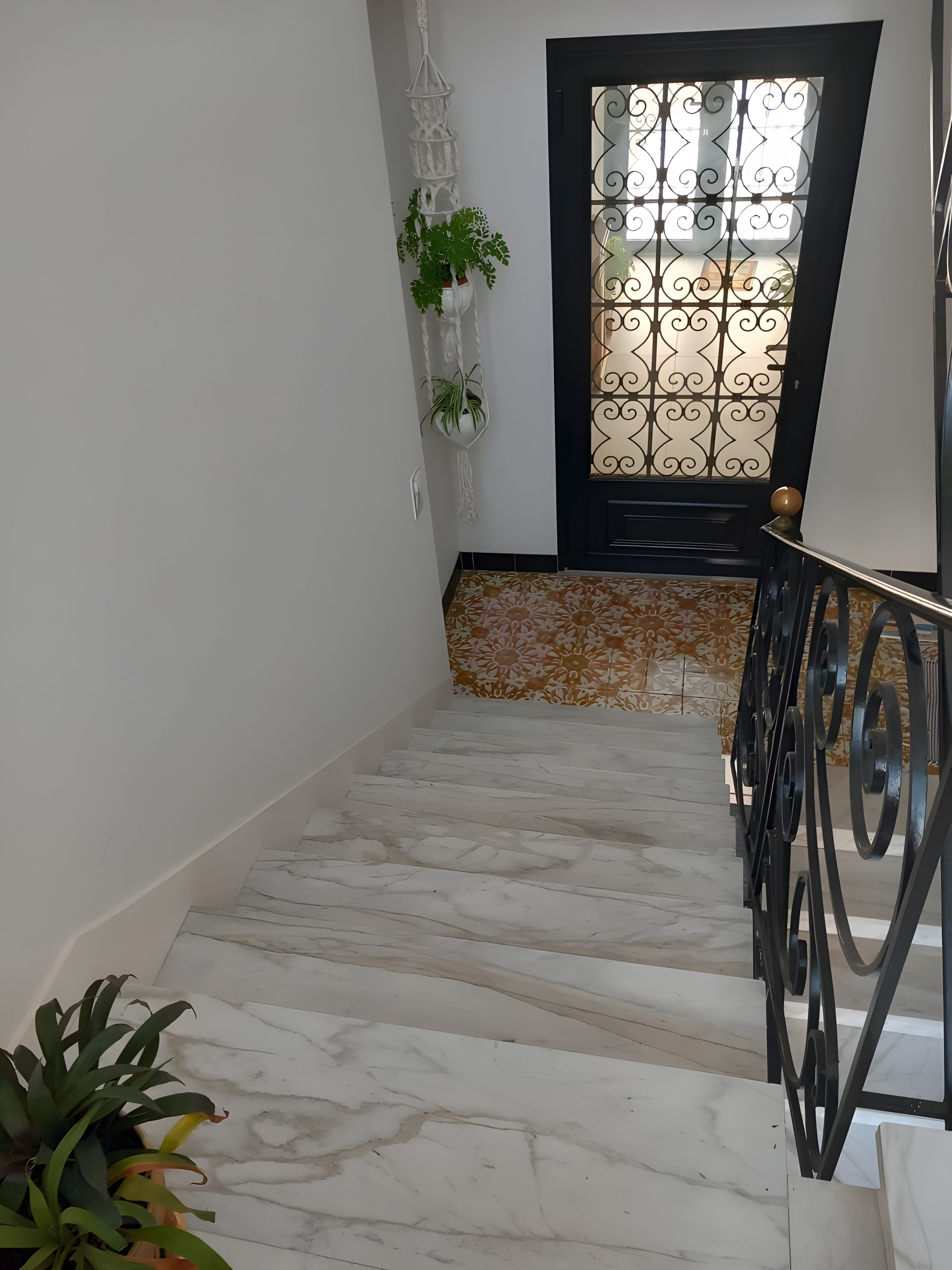 Un escalier avec des finitions en marbre, une porte noire ornée de vitraux et un mur blanc agrémenté d’une plante suspendue.