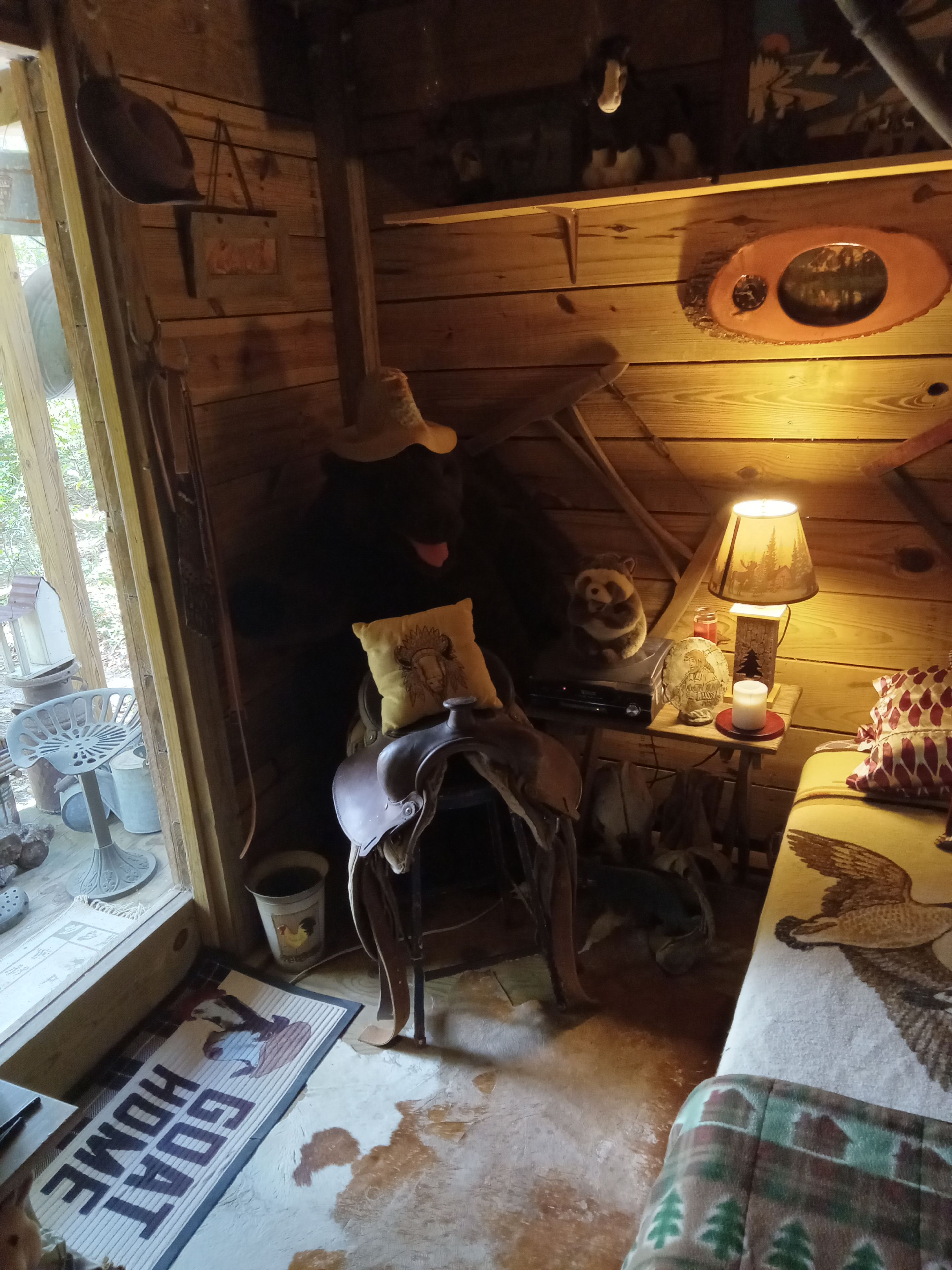 Un interior rústico con techo de madera, una silla de montar, una lámpara y una cama con una colcha.