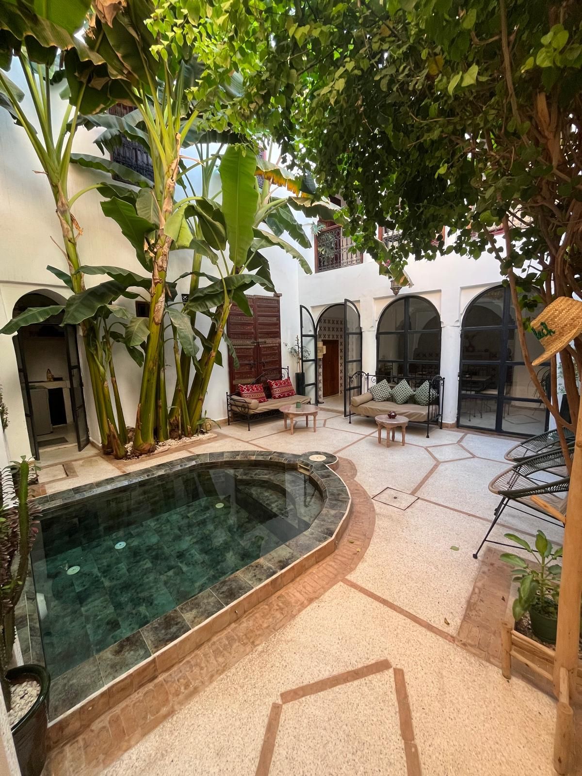 Pátio interno com piscina, áreas de estar e vegetação exuberante.