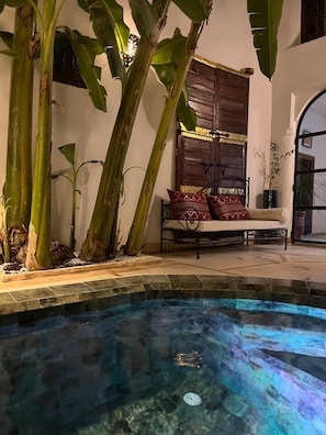 Una zona de piscina con un banco y plantas.
