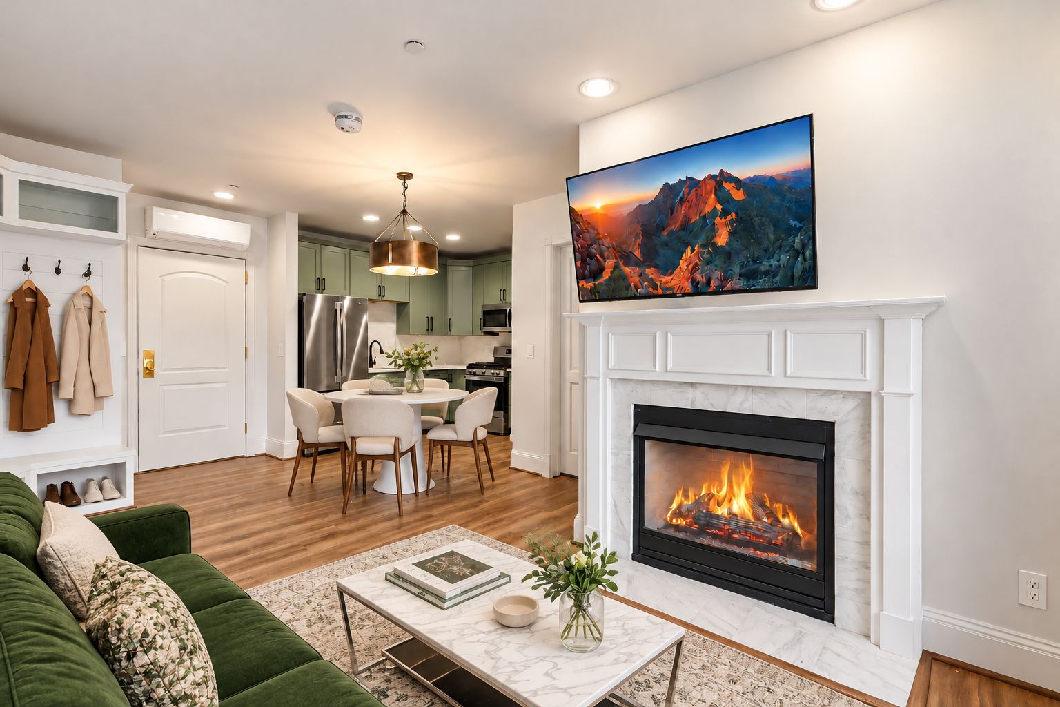 Una sala de estar moderna con chimenea, un comedor y una cocina al fondo.