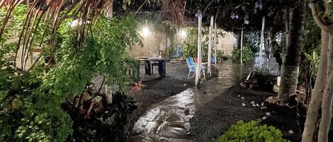 An outdoor area with a pathway, plants, and a table under a shelter.