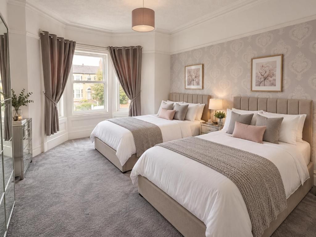 A hotel room with two beds, a large window with curtains, a bedside table with a lamp, and a mirror.