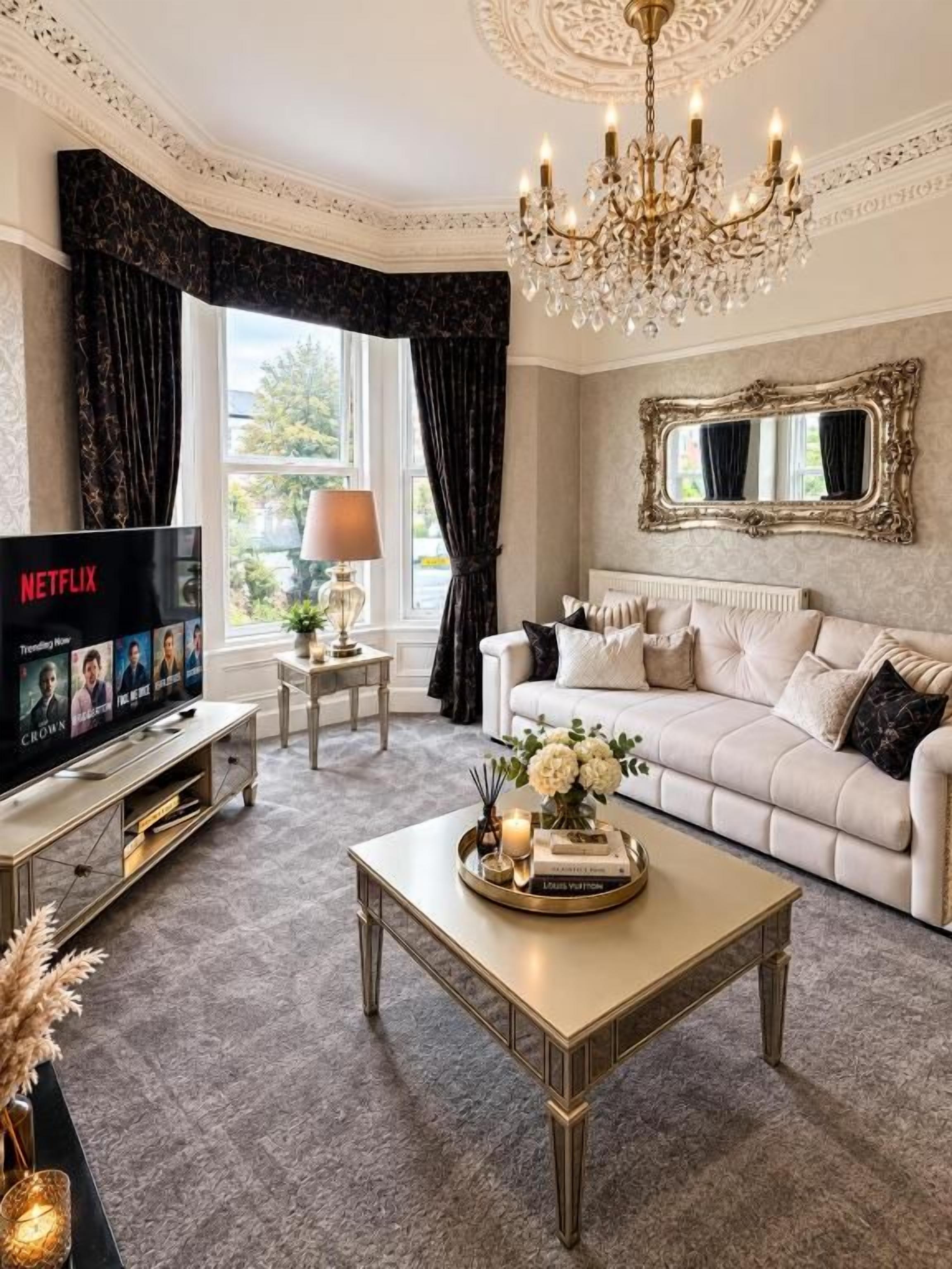 A living room with a television, sofa, coffee table, chandelier, and a large mirror.