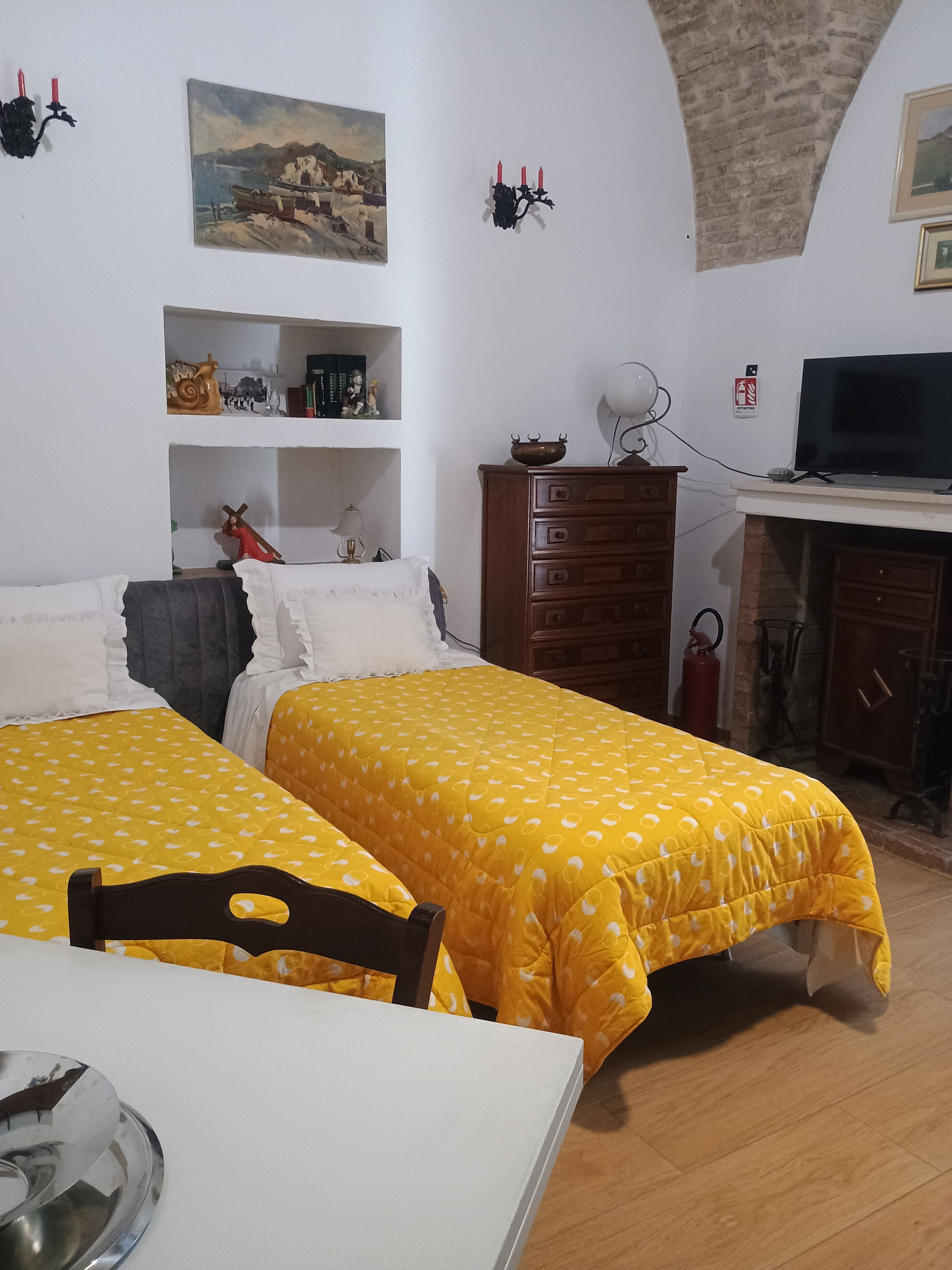 Een kamer met twee bedden, een bureau, een televisie en een open haard.