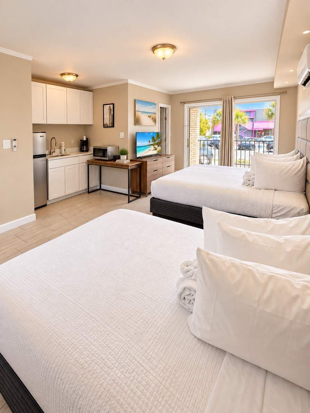 A hotel room with two beds, a kitchenette, a television, and a balcony with a view of the beach.