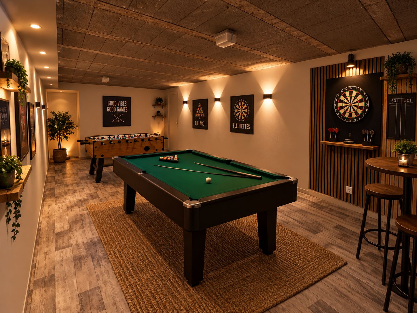 Una sala de billar con mesa de billar, dos dardos y una mesa de fútbolín.