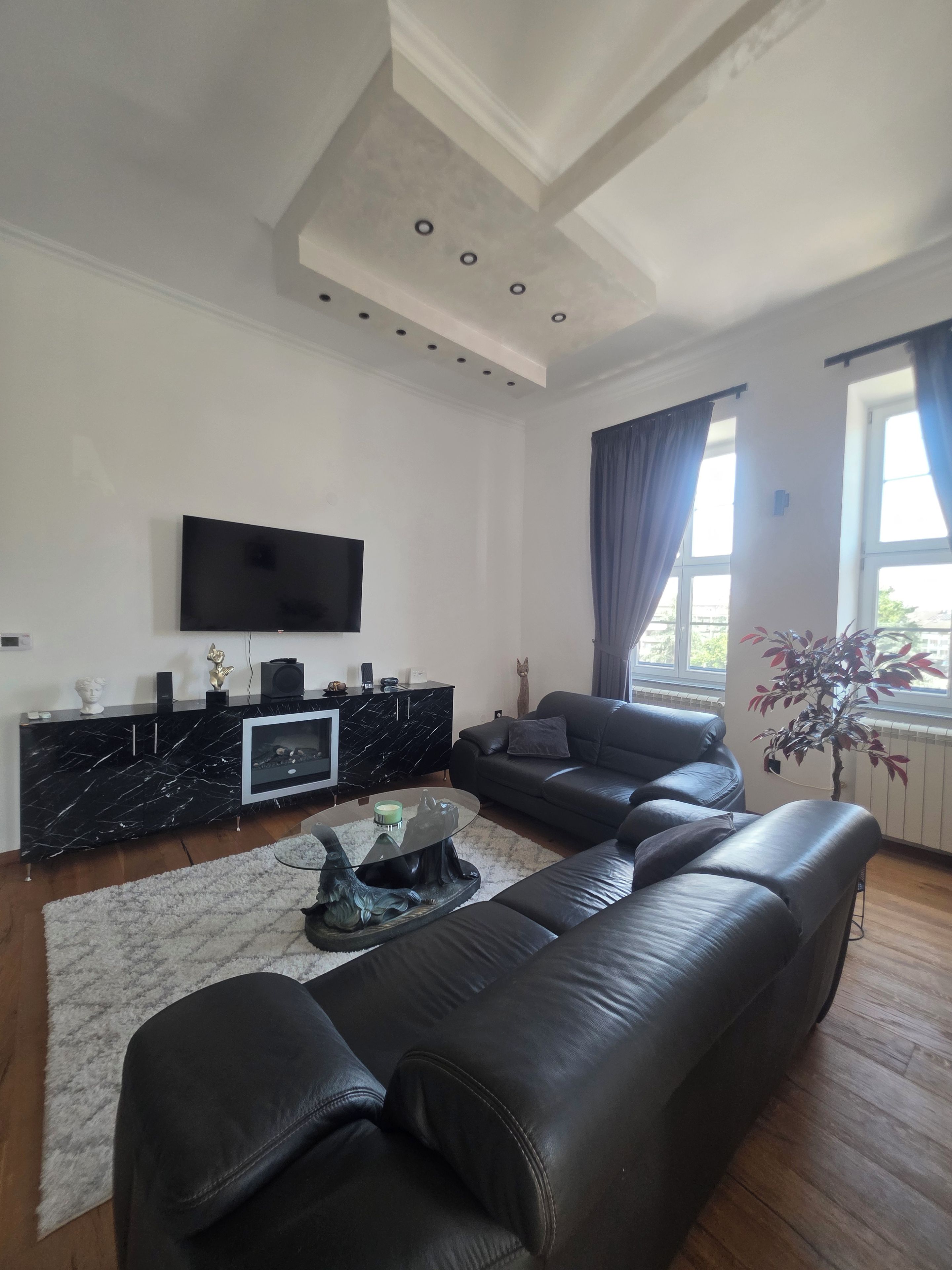 Een moderne woonkamer met een zwarte leren bank, een marmeren zwarte console, een flatscreen televisie en een potplant.