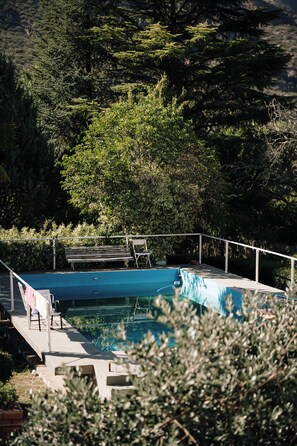 En swimmingpool med en bänk och en stol, omgiven av grönska.