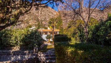 A house with a stone pathway leading to the entrance, surrounded by lush greenery and a mountain backdrop.