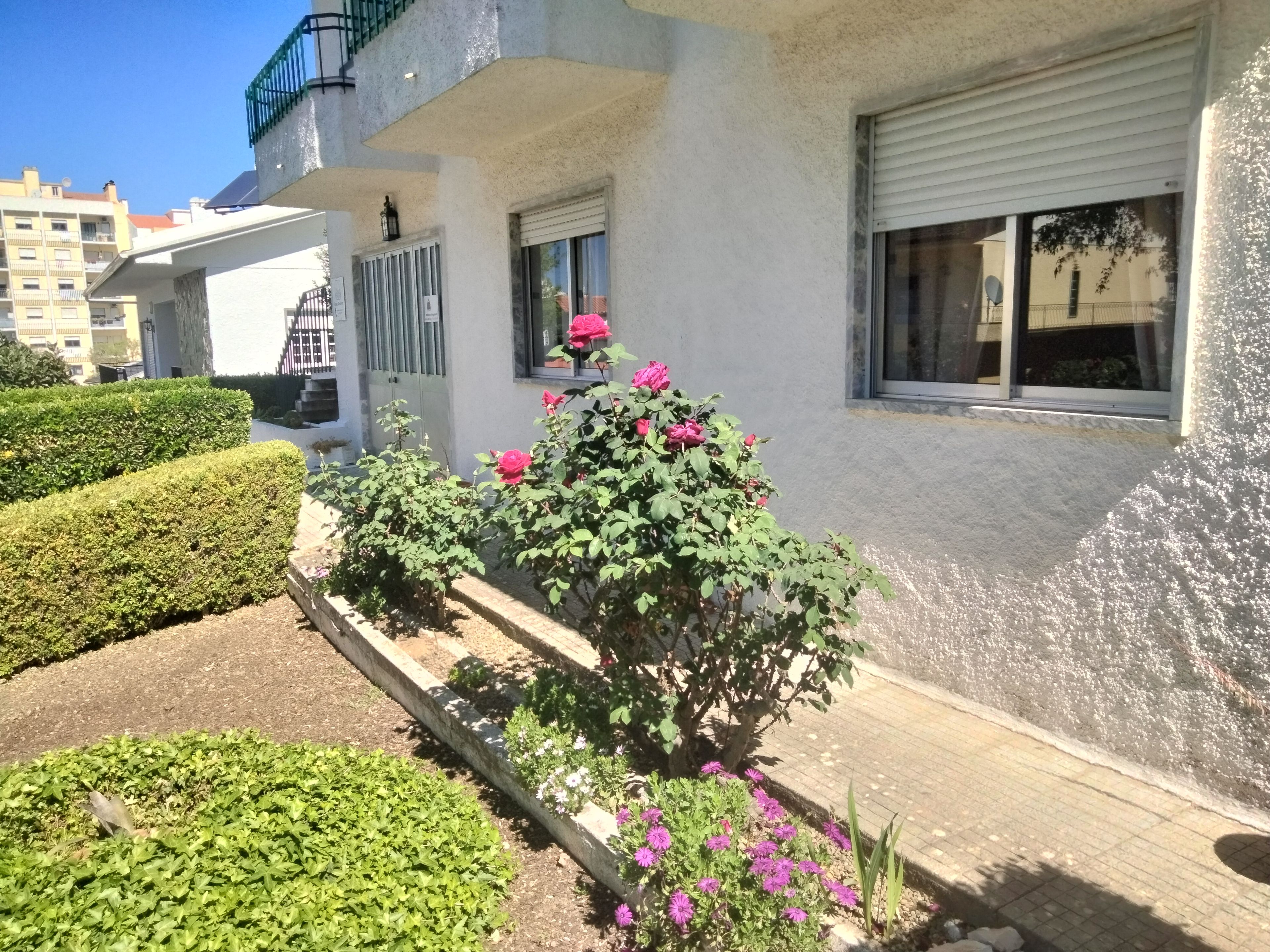 A residential building with a balcony, a window with a shutter, and a garden with various plants and flowers.